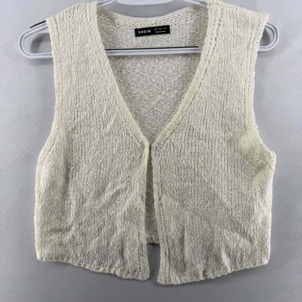 1597 Shein White Knitted Vest V-Neck Sleeveless Crop, Size Small